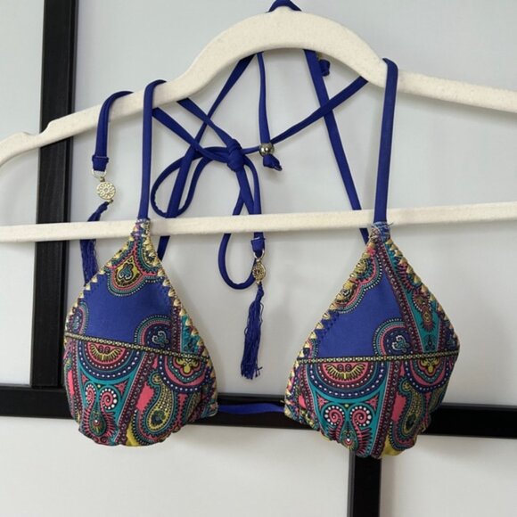 Women  H & M Triangle Bikini Top Size 4 Blue & Yellow Multi Print - Picture 1 of 10